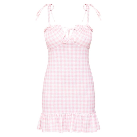 PrettyLittleThing Pink Gingham Ruched Tie Bust Frill Hem Bodycon Dress Size 8 - Picture 2 of 12
